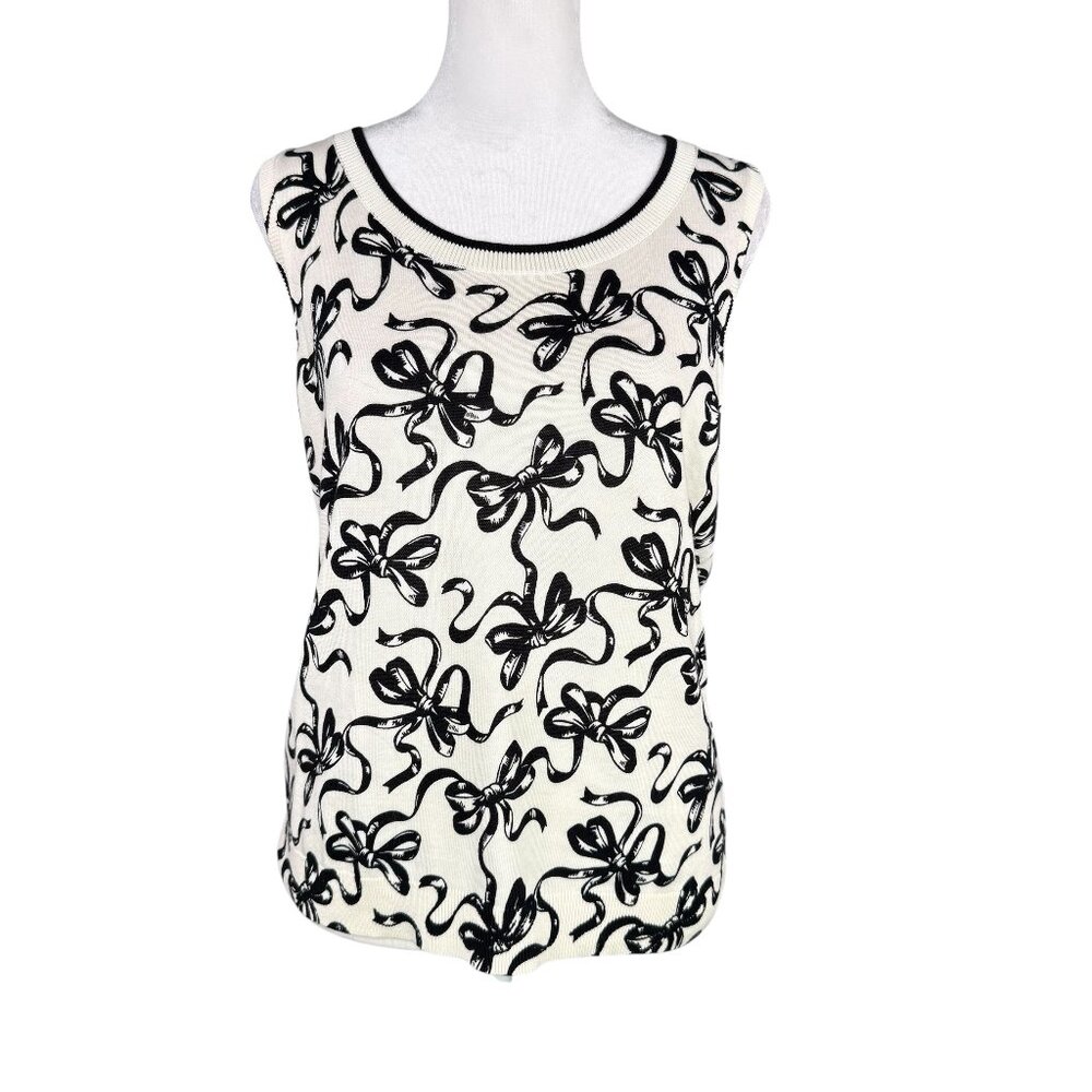 Talbots Petite LP Charming Shell Ivory Black Bows Knit Tank Top Sleeveless PL